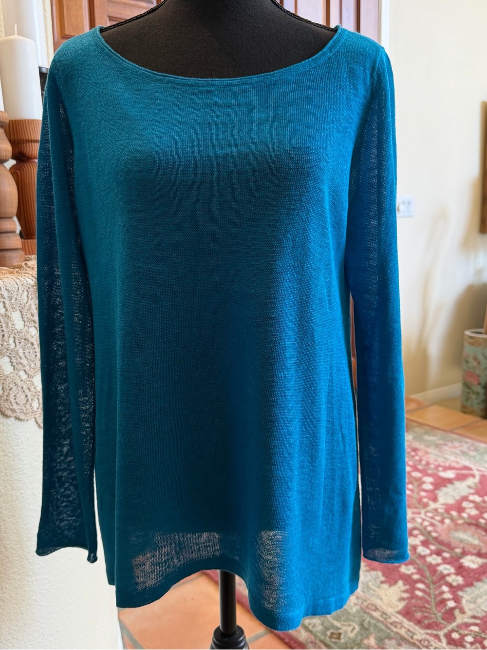 Eileen Fisher Womens M 100% Organic Linen Knit Sweater Turquoise Blue Minimal